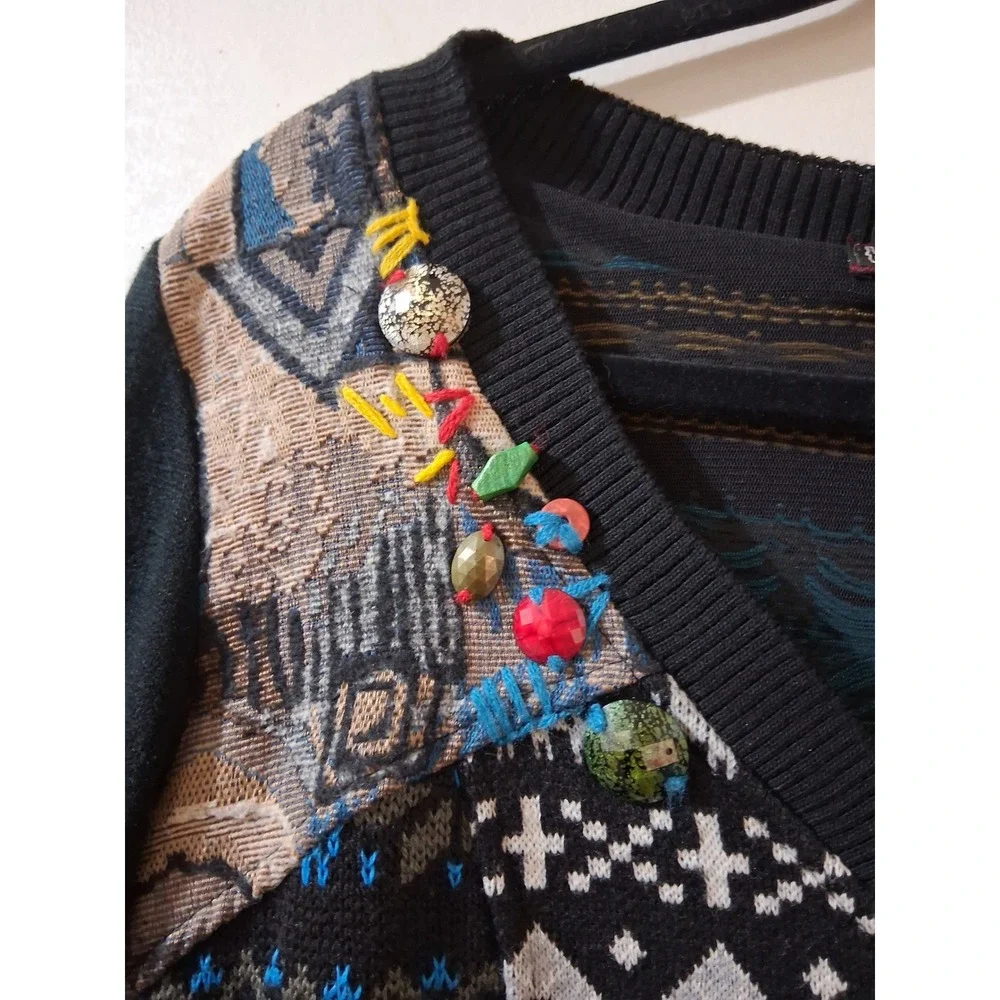 Kessley Womens Patchwork Mixed Media Sweater Dress Black Multi V-Neck Beaded M - Picture 9 of 11